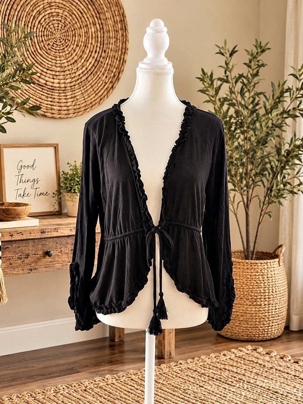 Hem & Thread Black Ruffle Trim Tie Front Blouse